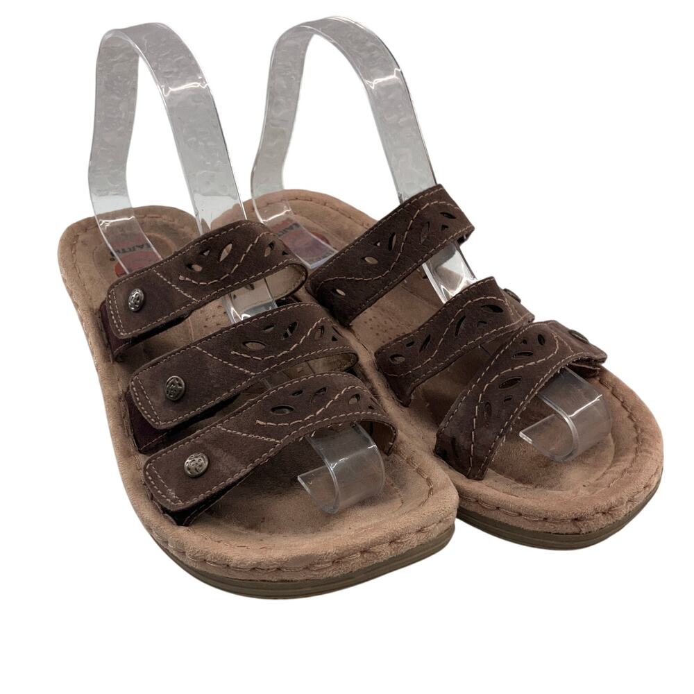 Earth Spirit Gelron Brown Tan Leather Hook Loop Adjustable Platform Slide Sandal